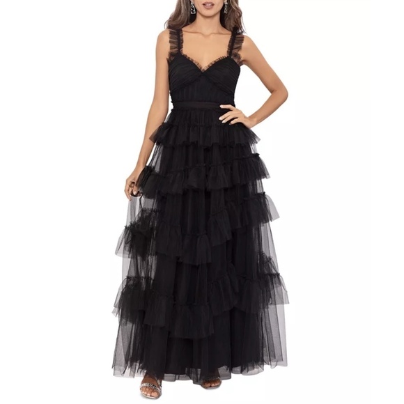 NWT Betsy & Adam Tulle Ruffled Tiered Gown in Black Sz. 8 - Picture 3 of 9